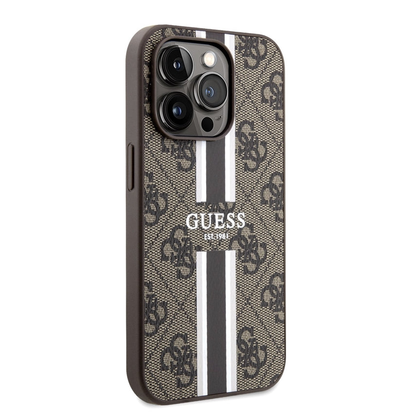 iPhone 14 Pro Case Guess PU 4G With Printed Stripes - Brown