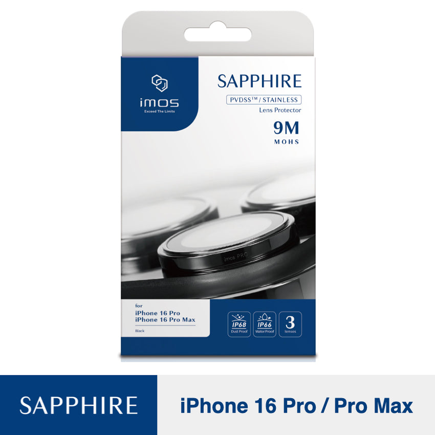 iPhone 16 Pro/16 Pro Max Lens Protector Imos Sapphire PVD Stainless Frame - Black