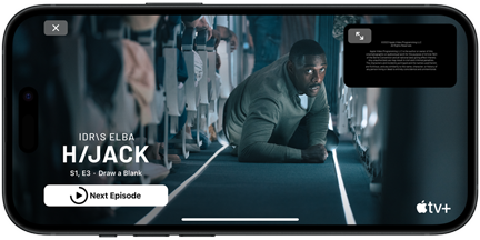 iPhone 15 ที่กำลังเล่นซีรีส์เรื่อง Hijack บน Apple TV+