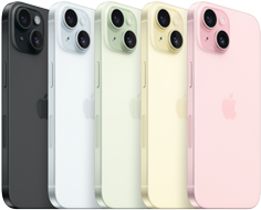 มุมมองด้านหลังของ iPhone 15 แสดงระบบกล้องสุดล้ำและกระจกแต่งสีในทุกสี ได้แก่ สีดำ สีฟ้า สีเขียว สีเหลือง และสีชมพู 