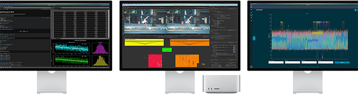 Mac Studio and three Studio Displays, all featuring different macOS apps on screen