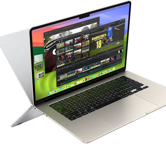 หน้าจอของ MacBook Air แสดงการตัดต่อวิดีโอเพื่อสาธิตความสามารถของชิป M3