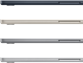 แล็ปท็อป MacBook Air จำนวน 4 เครื่องที่พับปิดอยู่ แสดงให้เห็นถึงสีที่มีให้เลือก ได้แก่ สีมิดไนท์ สีสตาร์ไลท์ สีเทาสเปซเกรย์ และสีเงิน