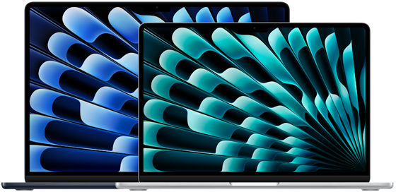 มุมมองด้านหน้าของ MacBook Air รุ่น 13 นิ้ว และ 15 นิ้ว ซึ่งแสดงให้เห็นถึงขนาดจอภาพ (วัดในแนวทแยง)