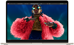 หน้าจอของ MacBook Air แสดงรูปภาพสีสันสดใสเพื่อแสดงให้เห็นถึงขอบเขตสีและความละเอียดของจอภาพ Liquid Retina
