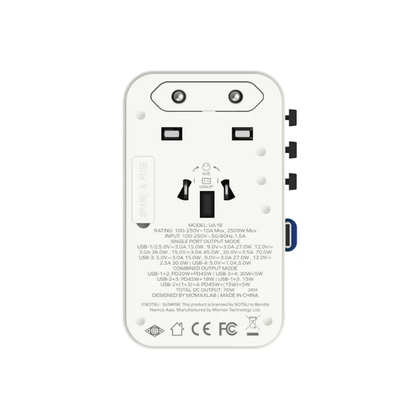 MOMAX 1-World+ 70W GaN 3-Port w/ Built-in USB-C Cable + AC Travel Adaptor (Gundam-White)