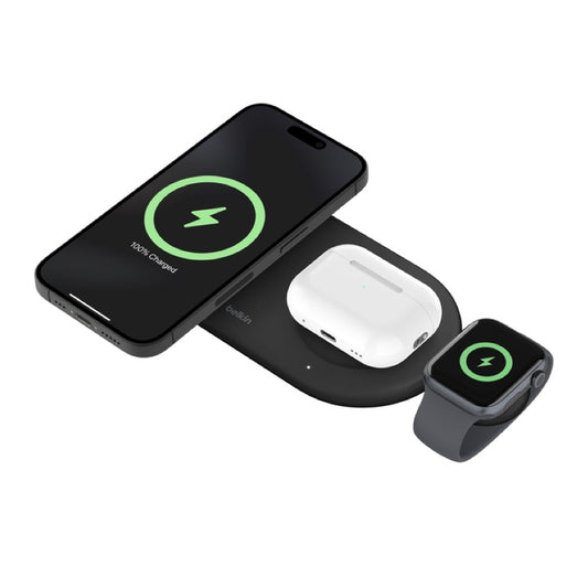 Belkin BOOST CHARGE Qi2 3-in-1 Wireless Charging Pad 15W with Apple Watch- Black